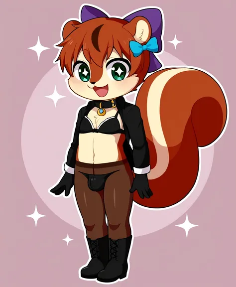 boy, squirrel, furry, bodyfur, tail, collar, bra, bottomless, gloves, boots, chibi, sparkling eyes, idol, hair bow, happy, full body, no panties under pantyhose, bulge