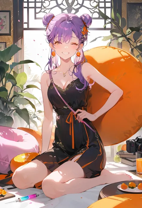 Purple hair girl painting、Glass mandarin orange earrings decorate both ears、Eye color: Ocean pink purple、Space Eyes、Inside the room、(((Giant orange shaped cushion)))、((Hugging on a cushion))、Sit down, long hair、Bun Hair、Cool and complicated, Hand holding s...