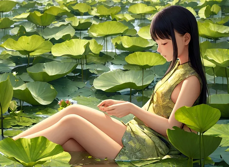 In a tranquil lotus pond, a girl sat in a small boat, gently picking lotus flowers. The pond was filled with lush green leaves and vibrant blossoms. Sunlight filtered through the leaves, casting a gentle, golden glow over the scene.