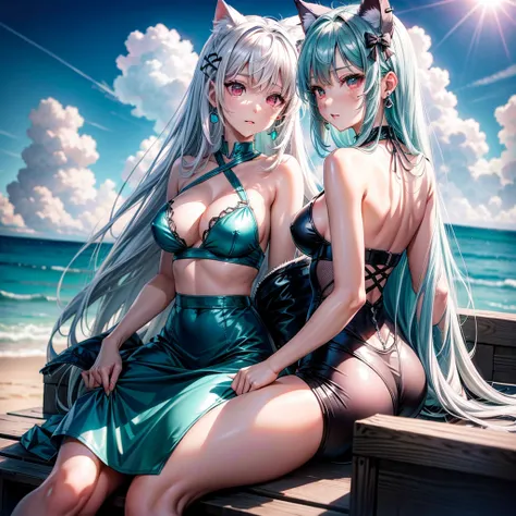 Silver hair, pink eyes, body, cat ears, sexy girl, earrings, cloud and sun background, hair bows, sit, teal green, look back