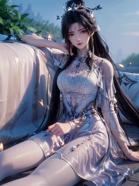 ((8K，best quality，masterpiece，Very detailed))，A girl，(whole body)，，Lace，Leg ring，transparent，Off-shoulder，Slit skirt，snowflake，snow