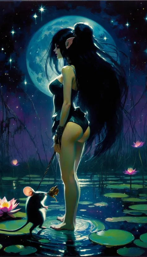 magical girl with her pet mouse, very long black hair, perfect ass, naked communing with nature and night magic, sinister swamp with water lilies, magic, fantastic, night sky, moons, stars, background, (art inspired by Bill Sienkiewicz ). oil painting)
