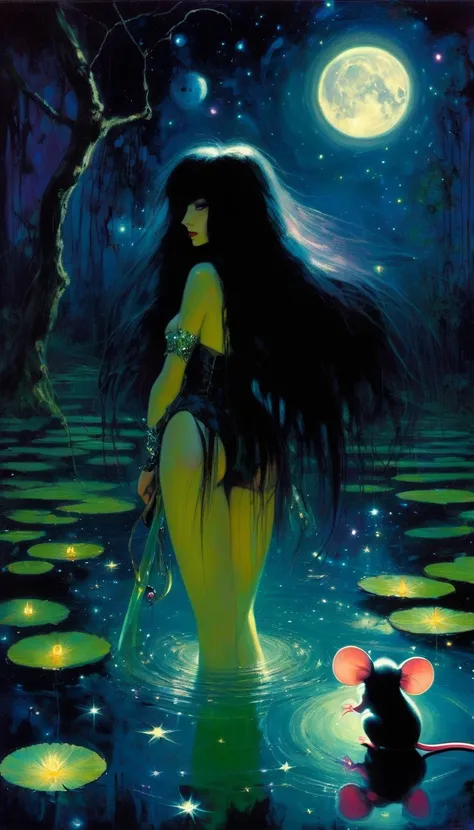 magical girl with her pet mouse, very long black hair, perfect ass, naked communing with nature and night magic, sinister swamp with water lilies, magic, fantastic, night sky, moons, stars, background, (art inspired by Bill Sienkiewicz ). oil painting)
