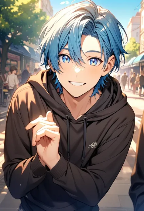 blue hair boy，black sweatshirt，blue eyes，one person，smile，sunny and handsome