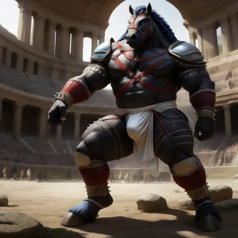 Furry, Kemono, Antropomorphic, Horse, solo, (Color White), Furry Antropometric legs, Hooves, Antro body, Bigg Ass, Male Bulge, Bigg Balls, Full body, Braided Mane, Roman gladiator armor, Gladiator, Black leather harness, Spiked Anklet, White fitted fundosh...