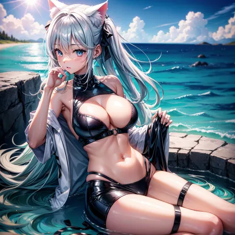 Silver hair, pink eyes, body, cat ears, sexy girl, earrings, cloud and sun background, hair bows, sit, teal green, look back