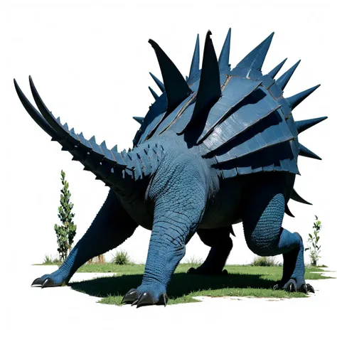 Big Animaly, has white stripes on his skin, blue eyes, cassowary mixed with stegosaurus, Grassroots, no background