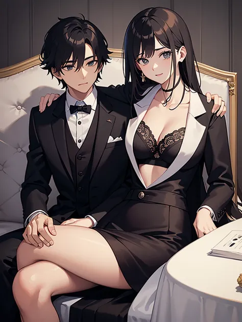 a handsome young man, in a nice suit, sitting with beautiful woman in black lingerie