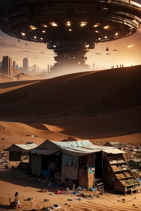 Very detailed, ((Slum Market)), ((Aliens coming and going)), ((Desert food stall)), Insanely detailed images, Cinematic, Highest quality, masterpiece, Realistic, Detailed Background, 