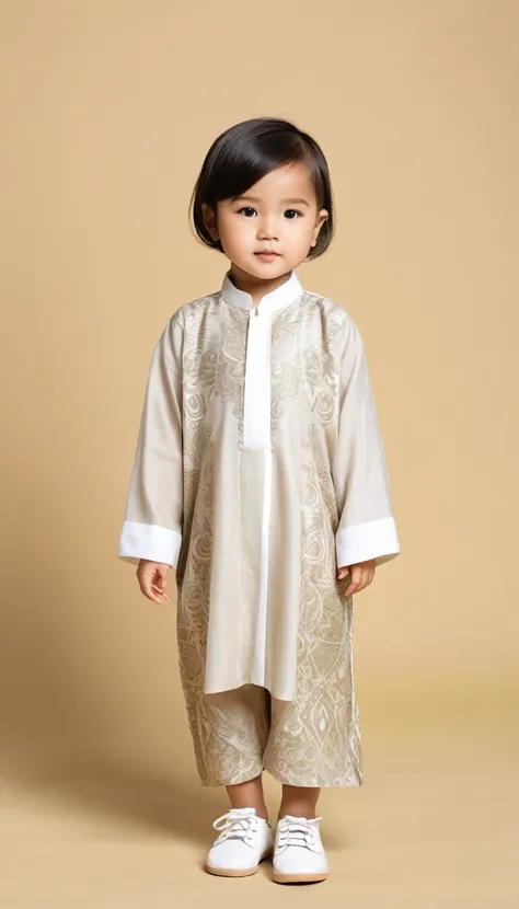 make a daughter about 2 years old, height 78 cm, short crew cut hair, wearing a long-sleeved kaftan shirt with a grayish cream color and wearing white shoes, full body, Indonesian children, portrait view