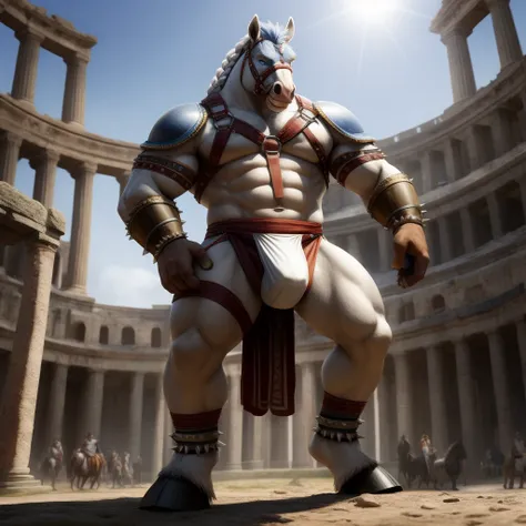 Furry, Kemono, Antropomorphic, Equine, solo, (Color White), Furry Antropometric legs, Hooves, Antro body, Bigg Ass, Male Bulge, Bigg Balls, Full body, Braided Mane, Roman gladiator armor, Gladiator, Black leather harness, Spiked Anklet, White fitted fundos...