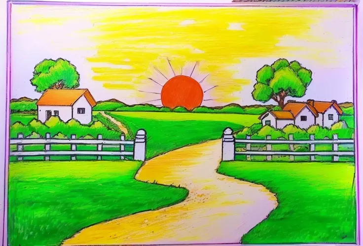 drawing of a country scene with a path leading to a house, scenery artwork, sunny landscape, scenery art detailed, landscape perspective, original and creative landscape, landscape - scenery, art station landscape, desenho, bright landscape, landscape art,...