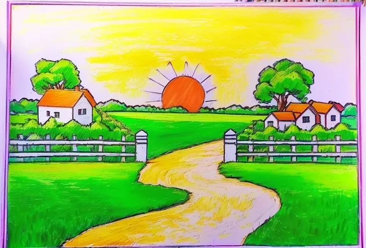 drawing of a country scene with a path leading to a house, scenery artwork, sunny landscape, scenery art detailed, landscape perspective, original and creative landscape, landscape - scenery, art station landscape, desenho, bright landscape, landscape art,...