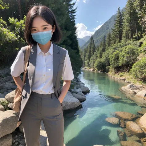 Female junior high school student president、pants suit、short hair、Deep in the mountains、Beauty、Wearing a mask