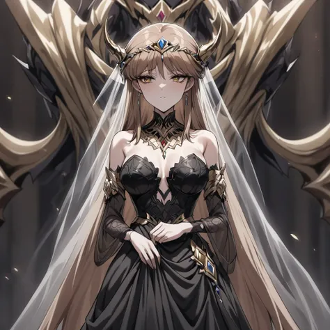 ((Highest quality)), ((masterpiece)), (detailed), （Perfect Face）、The woman is Princess Leona, with medium-long light brown hair. She is wearing a gorgeous black wedding dress decorated with gold and a black wedding veil, and is getting married to a dignifi...