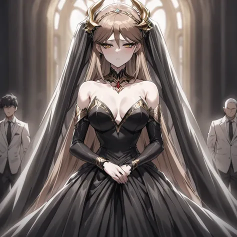 ((Highest quality)), ((masterpiece)), (detailed), （Perfect Face）、The woman is Princess Leona, with medium-long light brown hair. She is wearing a gorgeous black wedding dress decorated with gold and a black wedding veil, and is getting married to a dignifi...