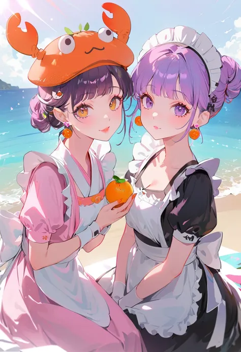 (Maid:1.5),(最高quality,Super detailed,High resolution:1.2),Purple hair girl painting、Glass mandarin orange earrings decorate both ears、Eye color: Ocean pink purple、Beautiful girl with a perfect face,Two girls、One of them is wearing a crab hat、One of them is...