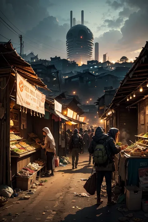 Very detailed, ((Slums of the Wilderness)), ((Aliens coming and going)), ((A crowd of food stalls)), Insanely detailed images, Cinematic, Highest quality, masterpiece, Realistic, Detailed Background,