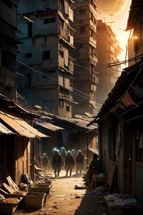 Very detailed, ((Slums of the Wilderness)), ((Aliens coming and going)), ((A crowd of food stalls)), Insanely detailed images, Cinematic, Highest quality, masterpiece, Realistic, Detailed Background,