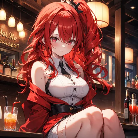 Woman sitting at a bar drinking a cocktail, Quiet bar, Calm expression, Perfect hands, elder, Red Hair, The dignity of a 50-year-old, ほろ酔いのwoman, solo、(Highly detailed background:1.0)、(Highly detailed background:1.0)、masterpiece、Highest quality、(Babes)、Fra...