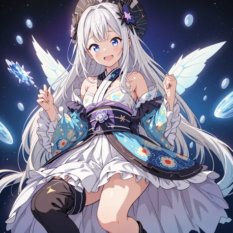 Star Fairy、(masterpiece, Highest quality), One girl, 「Beautifully printed galaxy patterned kimono and gothic lolita outfits.、Space Pattern Ruffle Box Pleated tand in front of the audience、Knee-high boots、Captivating eyes、Perfect and amazing face、Exquisite ...