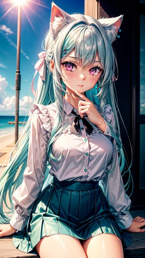 Silver hair, pink eyes, body, cat ears, sexy girl, earrings, cloud and sun background, hair bows, sit, teal green long sleeve blouse, skirt, pink necklace 