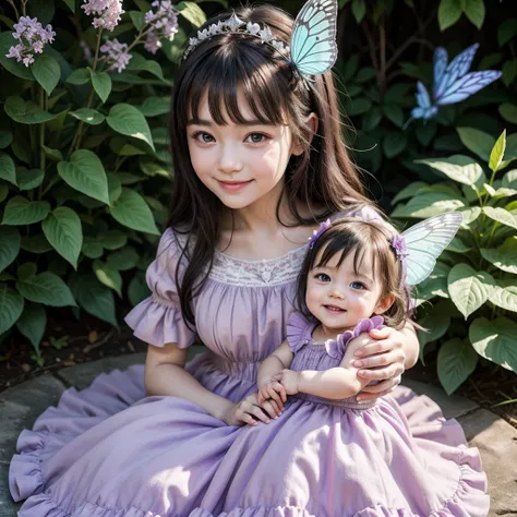 A 1 year old baby with dark hair, with a lilac princess dress, Grinning, sitting in an enchanted butterfly garden 