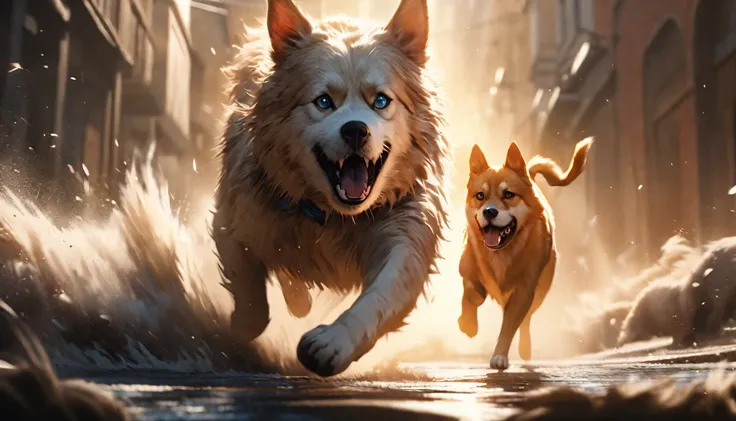 a cat hunting a dog while both of them running, detailed realistic cat and dog, extremely realistic fur and movement, dynamic action scene, intense chase, dramatic lighting, vibrant colors, cinematic composition, professional 4k photography, hyperrealistic...