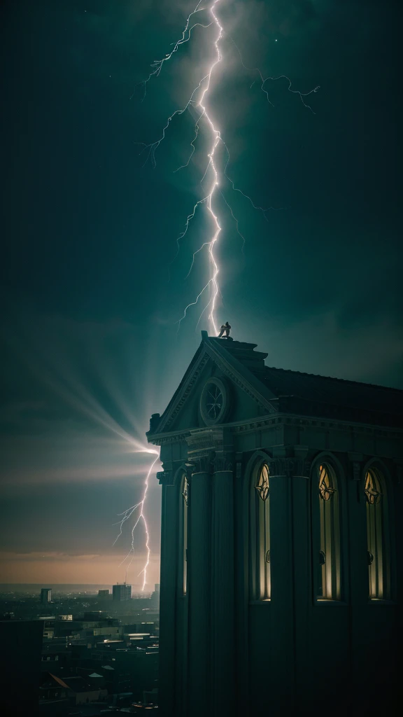 a heart with wings and a halo depicted in a building setting with a sky background. The heart is the central focus, with intricate details such as a lightning trail coming out of it.  with shades of gray, blue, and green dominating the scene. The setting i...