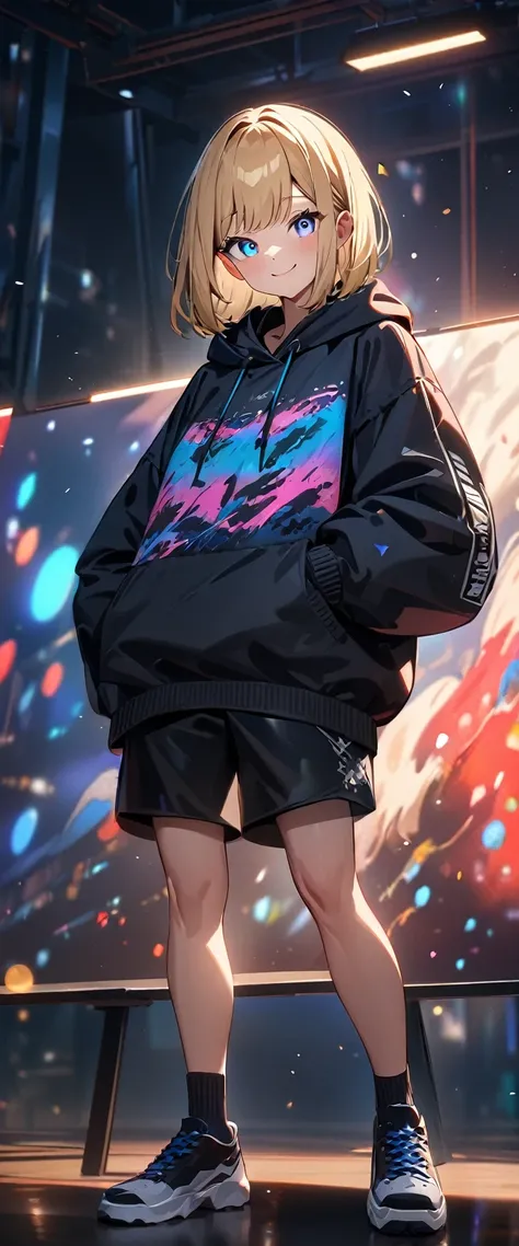 (((One girl))), blond hair, bob cut, (full body), (looking at viewer), breasts, teenager, head tilt:1.3, (((blue eye))), (from side), hand in pocket, ((happy smile)), black hoodie, black shorts, dark high cut sneakers, black ankle socks, anime style, (best...