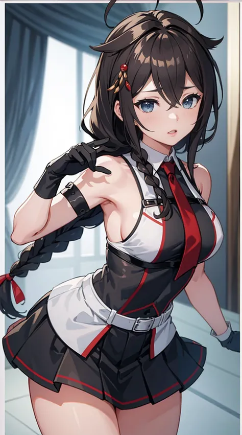 Shigure Kai 3 KanColle Sleeveless Black Thimble Gloves Black Skirt Braid 8K High Resolution Very Fine Eyes Very Fine Face、Insanely detailed body、Extremely fine skin, very elaborate hair ornament, Precisely sculpted body and hand 1 person hotel room