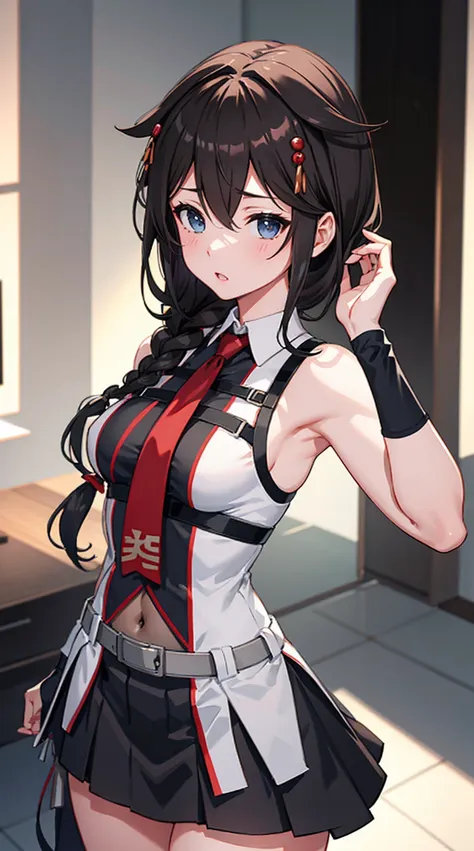 shigure kai 3 kancolle sleeveless black thimble gloves black skirt braid 8k high resolution very fine eyes very fine face、insane...