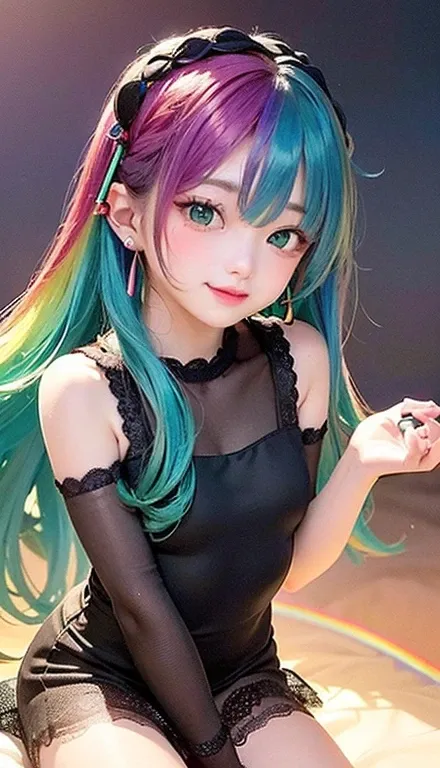 Small face、Left profile、Big chest、 (alone:1.5,)Very detailed,Bright colors, Very beautiful detailed anime faces and eyes, Look straight ahead,  Shiny_skin,girl, (((Rainbow Hair, Colorful hair, Half red、Half emerald green hair: 1.2))), 、Shiny hair, Delicate...