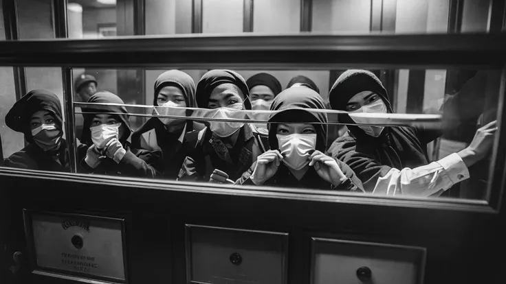 1930s, monochrome photography, A group of terrorists in Southeast Asia, (bank robbery), Robbers breaking into a safe, mouth and nose covered with a bandana,  Group photo, 32K, Best quality, Masterpiece, super detail, High Details,
