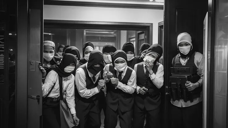 1930s, monochrome photography, A group of terrorists in Southeast Asia, (bank robbery), Robbers breaking into a safe, mouth and nose covered with a bandana,  Group photo, 32K, Best quality, Masterpiece, super detail, High Details,
