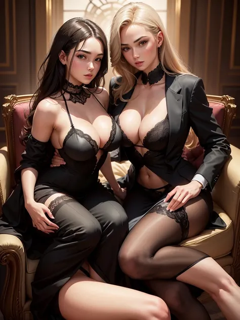 a handsome young man, in a nice looking suit, sitting on a chair with two beautiful woman with big breast in black lingerie posing i front of him