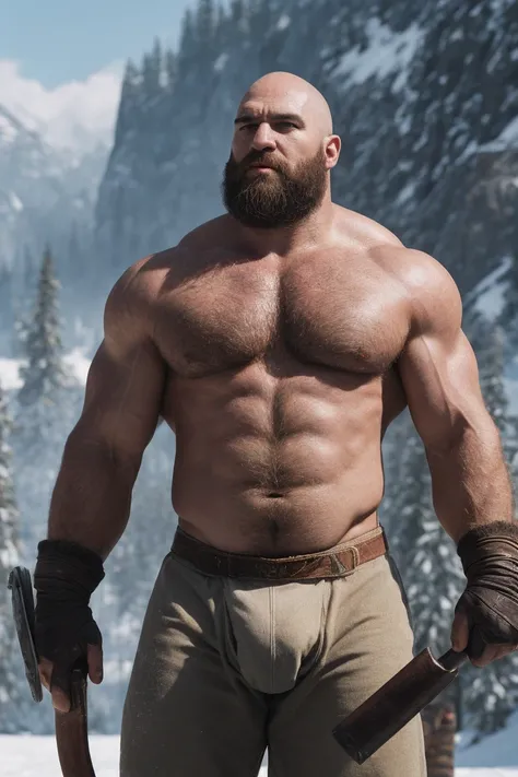 Hyperrealistic Very Realistic 8K Resolution Very Realistic Best Ultra High Definition resolution Very Realistic Photorealistic picture of a realistic bearded hairy Bald Kratos man in the snow, handsome stocky black, man with on, God of War Ragnarok Kratos,...