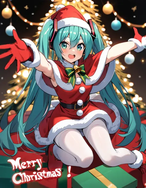 hatsune_miku, 1girl,solo,red bow, aqua eyes, white thigh highs, fur trim, bell, aqua hair, capelet, short dress, red dress, outstretched arms, black background, red footwear,  christmas,red gloves, santa costume, white pantyhose, gift box, long hair, chris...