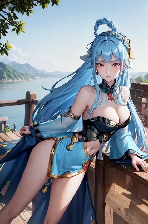 ((big breasts)), 1girl, solo, long hair, looking at viewer, hair ornament, big breasts and exposed breasts, dress, bare shoulders, closed mouth, blue hair, yellow eyes, braid, artist name, a slim navel, blue dress, chinese clothes, china dress, light blue ...