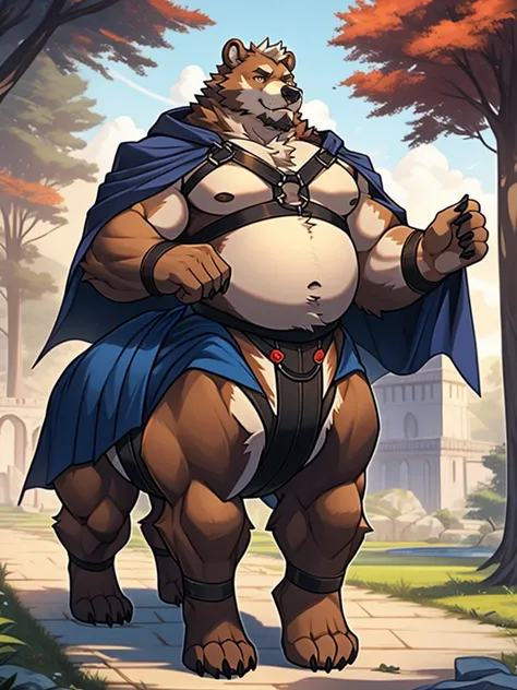 brown bear, furry, fur taur, beartaur, middle-age, detailed face, bear ears, bear eyes(brown), bear nose(black), garibaldi beard(white), mature hair(white), detailed hands, detailed body belly, muscle belly, chest harness, cloak(shortest) detailed taur bod...