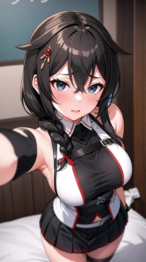 shigure kai 3 kancolle sleeveless black thimble gloves black skirt braid 8k high resolution very fine eyes very fine face、insane...