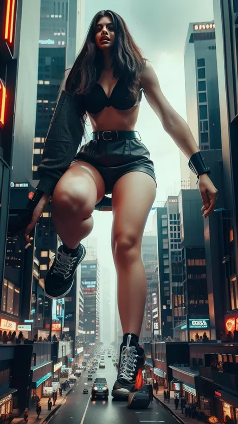 A giant woman in a lying on top of a cyberpunk city, Wear short skirts,Little guys running around the giant girl.