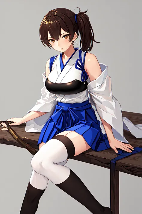 best quality, masterpiece, highres, solo, {kaga_kantaicollection:1.15}, brown_hair, side_ponytail, brown_eyes, short_hair, breasts, long_hair, 1girl, hakama, hakama_skirt, japanese_clothes, skirt, tasuki, hakama_short_skirt, blue_hakama, looking_at_viewer,...