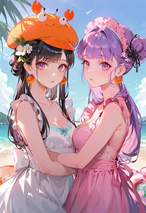 (Maid:1.5),(最高quality,Super detailed,High resolution:1.2),Purple hair girl painting、Glass mandarin orange earrings decorate both ears、One of them has ocean pink purple eyes、One of them has ocean pink red eyes、One has short red hair、((Two beautiful girls wi...