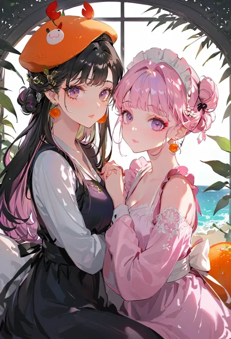 (Maid:1.5),(最高quality,Super detailed,High resolution:1.2),Purple hair girl painting、Glass mandarin orange earrings decorate both ears、One of them has ocean pink purple eyes、One of them has ocean pink red eyes、One has short red hair、((Two beautiful girls wi...