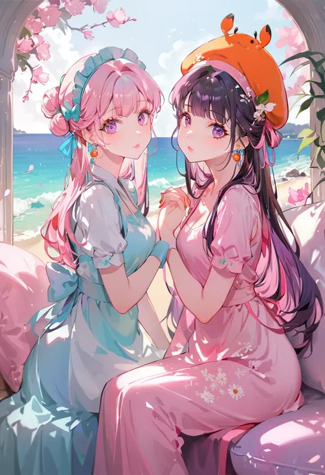 (Maid:1.5),(最高quality,Super detailed,High resolution:1.2),Purple hair girl painting、Glass mandarin orange earrings decorate both ears、One of them has ocean pink purple eyes、One of them has ocean pink red eyes、One has short red hair、((Two beautiful girls wi...