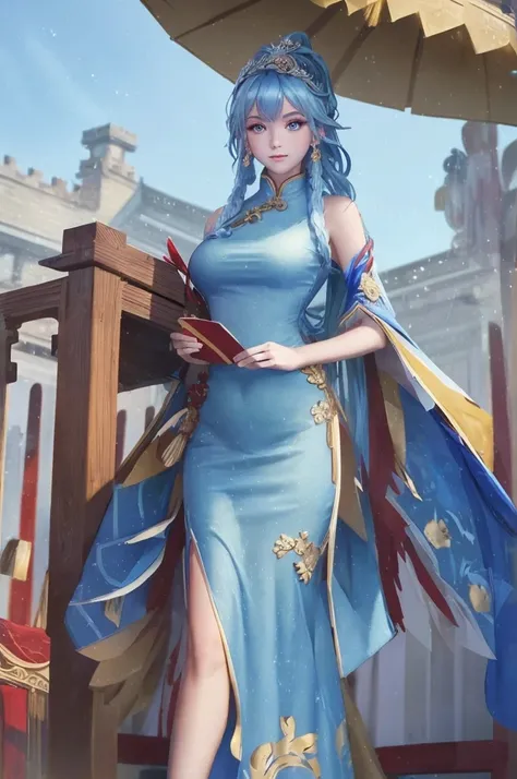 1girl, solo, long hair, looking at viewer, hair ornament, (big breasts and exposed breasts), dress, bare shoulders, closed mouth, blue hair, yellow eyes, braid, artist name, a slim navel, blue dress, chinese clothes, china dress, light blue hair,, Jordyn H...