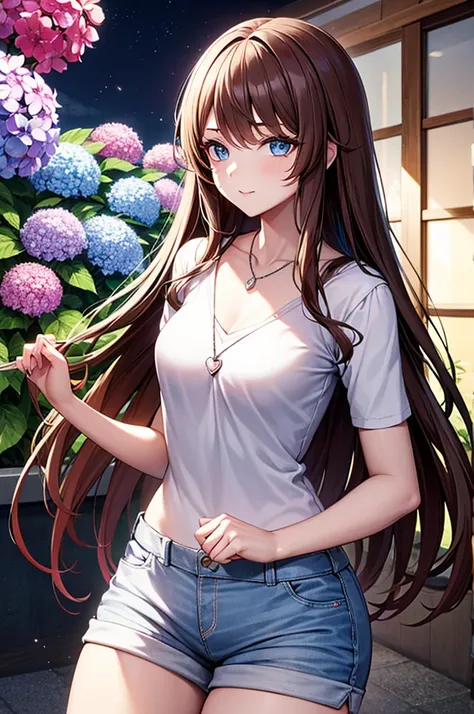 4K, June scenery, Beautiful woman, Long Hair, Brown Hair, Medium chest, blue eyes, White shirt, hot pants, Neon Red Heart Necklace, View your viewers, night, Multicolored hydrangea