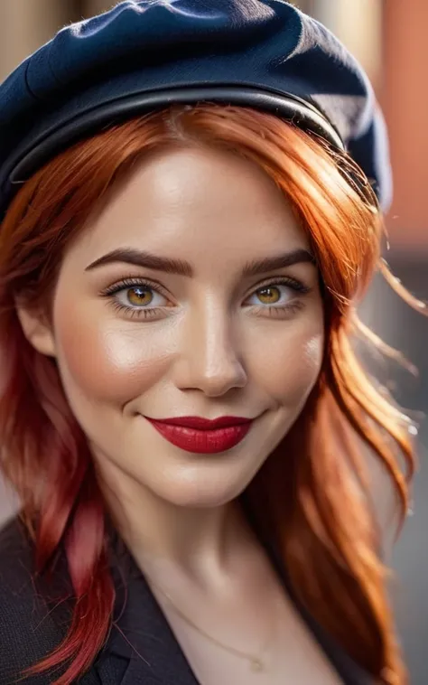 asymmetrical hair, hair over shoulder, messy hair, medium hair, red hair, beret, wide eyes, glowing eyes, hazel colored eyes, smile, light smile, plus size, cinematic lighting, social media composition, close-up, Eye-Level Shot, Sony FE, anatomically corre...