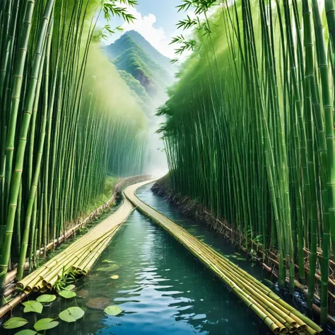 Bamboo split in half and joined together、The bamboo links are supported so that they float above the ground.、The bamboo is arranged in a straight line from the top of the mountain to the base.、Water flows through the interconnected bamboo、Noodles flow thro...